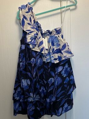 Anthropologie Blue Floral One-Shoulder Ruffle Dress